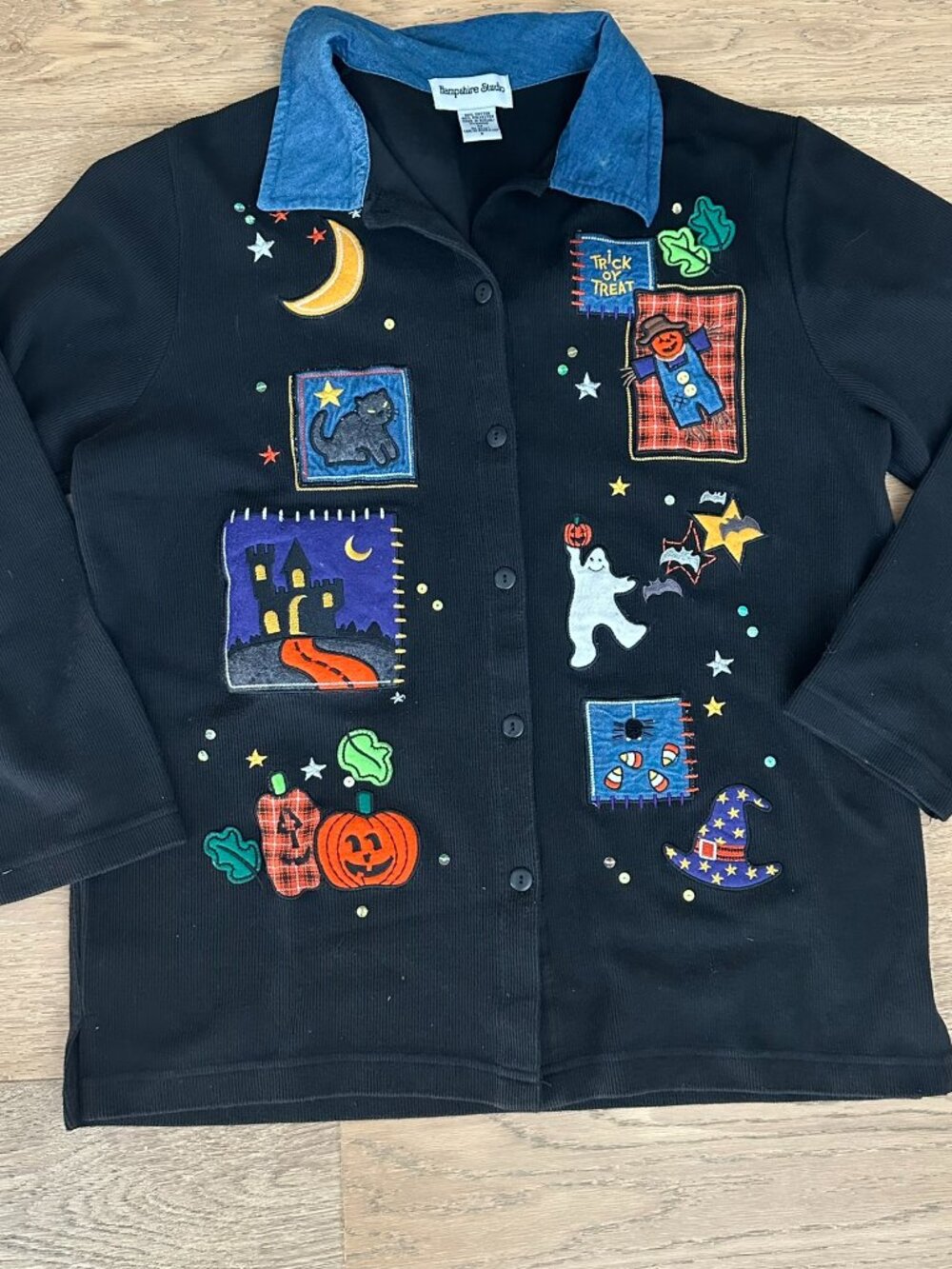 Hampshire Studio Halloween Shirt M – Embroidered Haunted House Ghost Cat